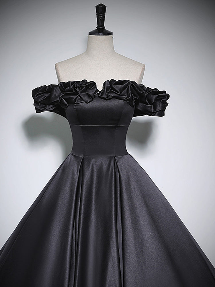 Black Off Shoulder Satin Long Prom Dress, Black Satin Evening Dress shdress Black Off Shoulder Satin Long Prom Dress, Black Satin Evening Dress shdress