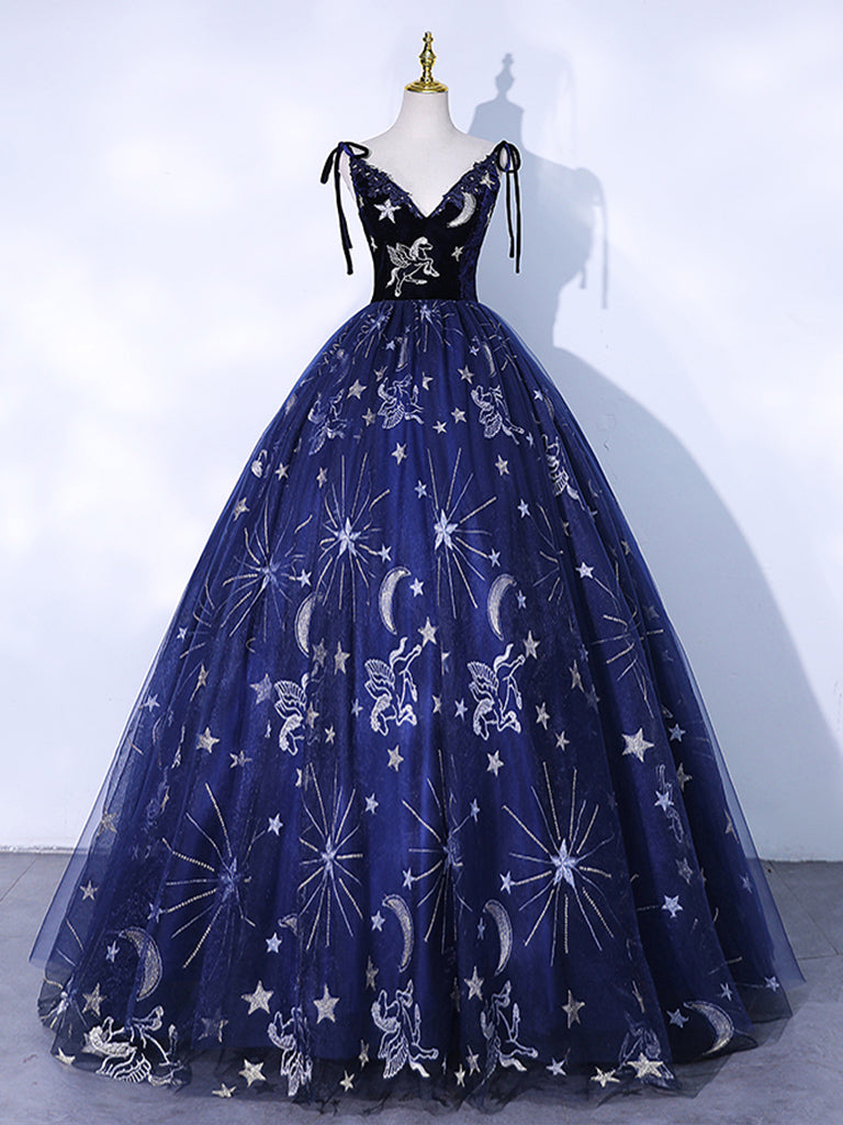 Dark Blue V Neck Tulle Long Prom Dress, Dark Blue Formal Evening Dress shdress Dark Blue V Neck Tulle Long Prom Dress, Dark Blue Formal Evening Dress shdress