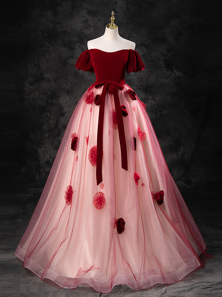 A-Line Tulle Burgundy Long Prom Dress, Burgundy Long Formal Dress – shdress