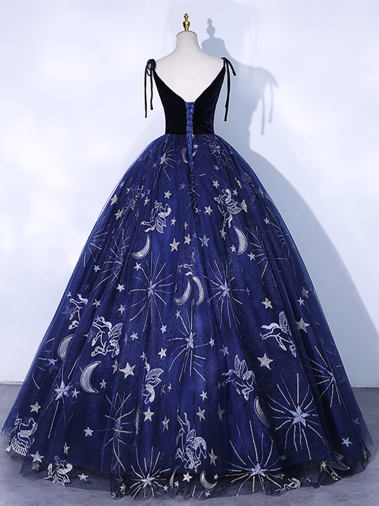 Dark Blue V Neck Tulle Long Prom Dress, Dark Blue Formal Evening Dress
