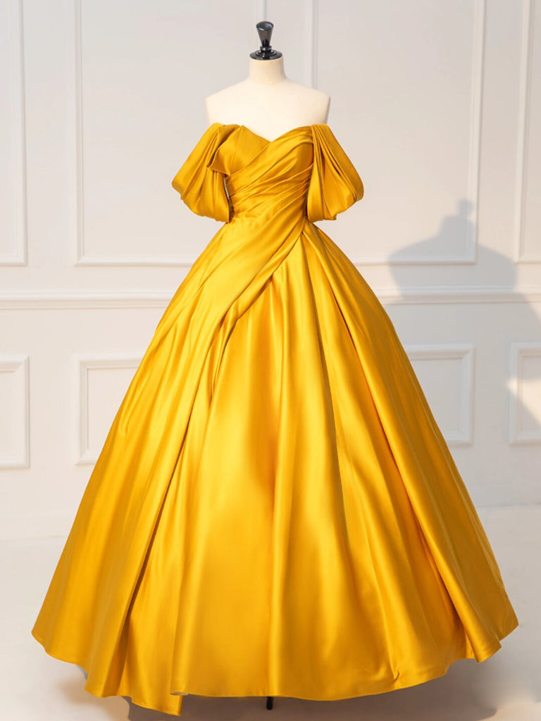 A-Line Off Shoulder Satin Yellow Long Prom Dress, Yellow Long Evening Dress