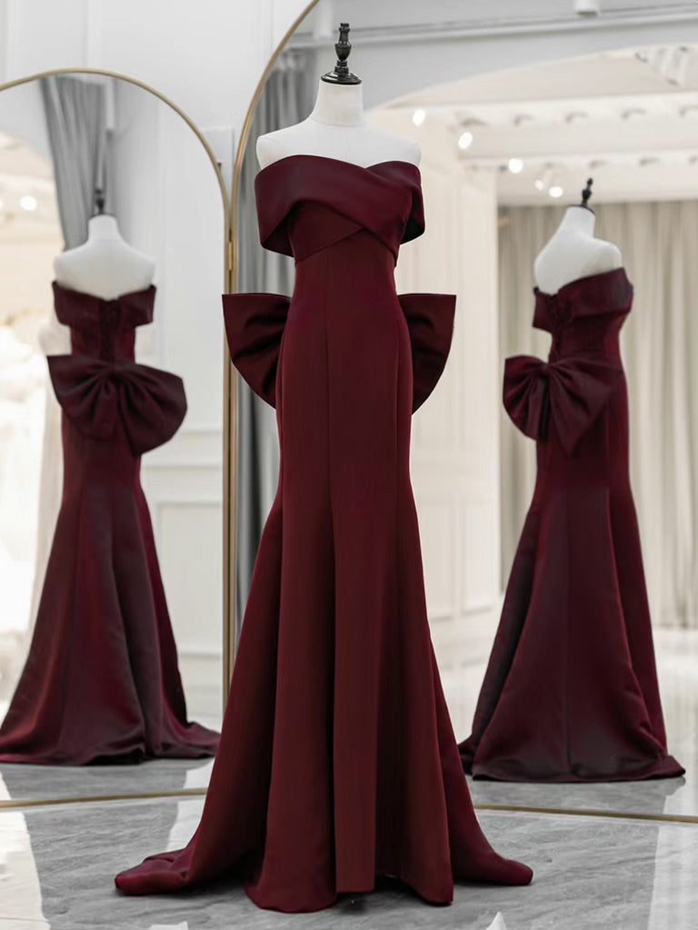 Simple Off Shoulder Satin Mermaid Burgundy Long Prom Dress, Burgundy L
