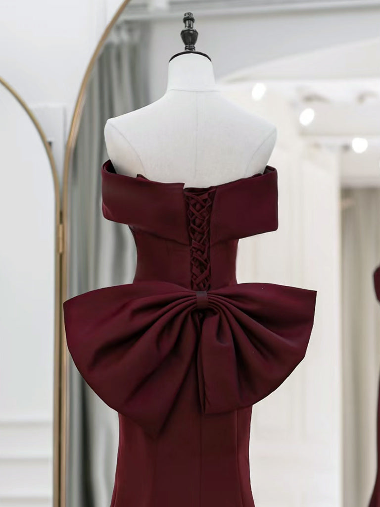 Simple Off Shoulder Satin Mermaid Burgundy Long Prom Dress, Burgundy L shdress Simple Off Shoulder Satin Mermaid Burgundy Long Prom Dress, Burgundy L shdress