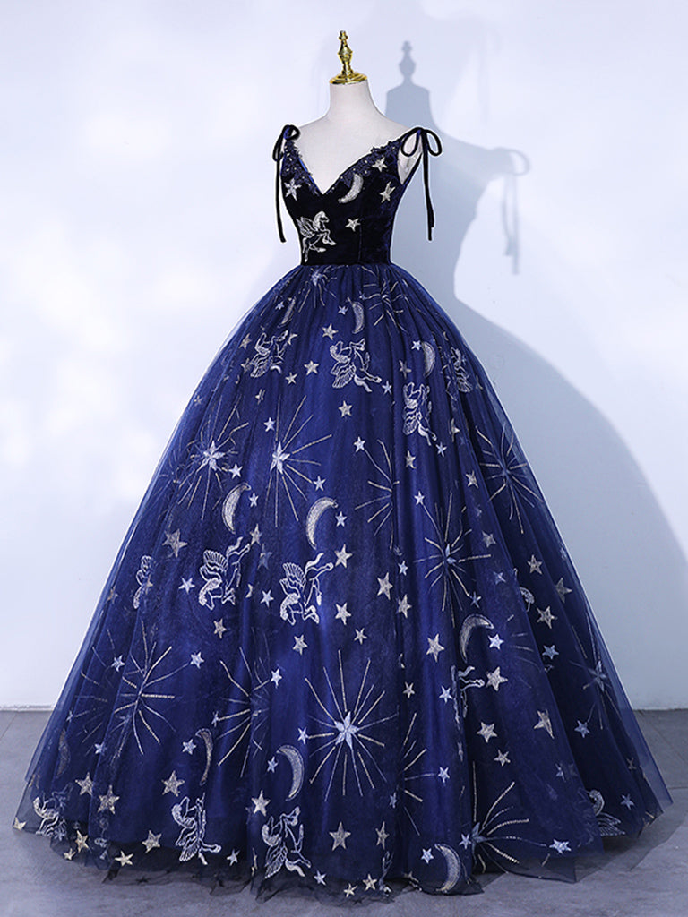 Dark Blue V Neck Tulle Long Prom Dress, Dark Blue Formal Evening Dress shdress Dark Blue V Neck Tulle Long Prom Dress, Dark Blue Formal Evening Dress shdress