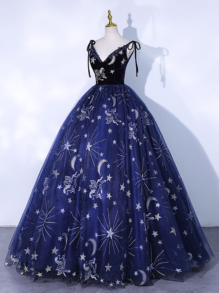 
                  
                    Dark Blue V Neck Tulle Long Prom Dress, Dark Blue Formal Evening Dress
                  
                