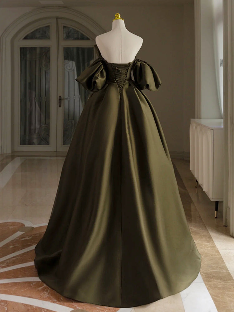 
                  
                    A-Line Puff Sleeves Olive Green Satin Long Prom Dress, Olive Green Long Formal Dress
                  
                