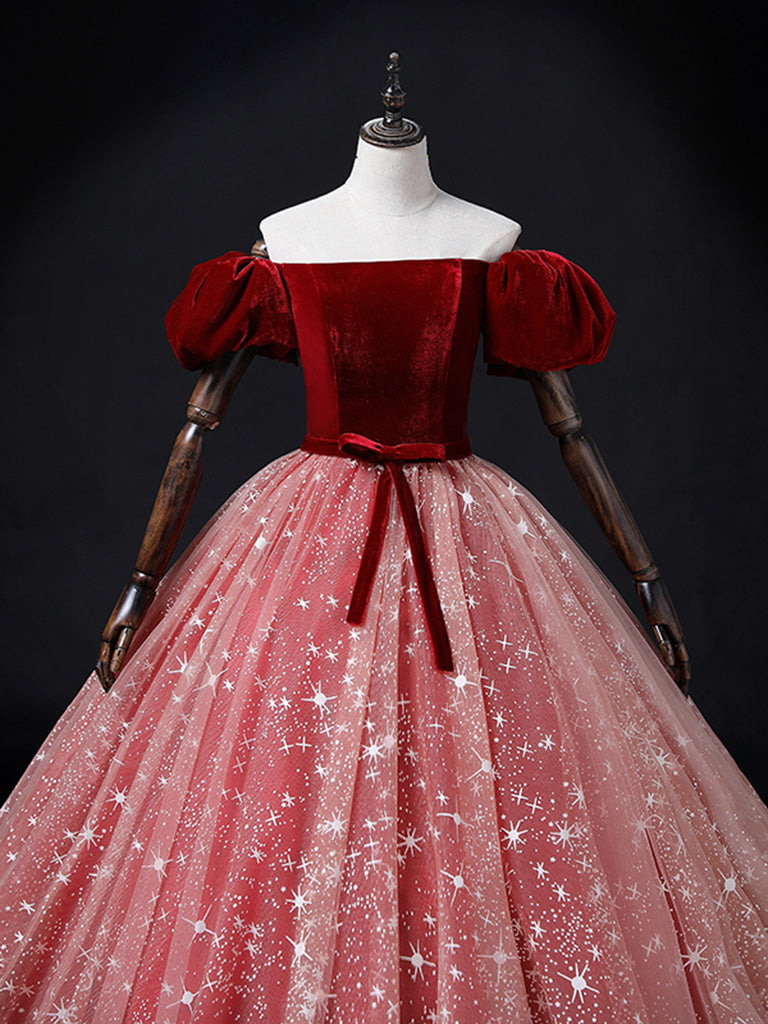Burgundy/Pink Tulle Velvet Long Prom Dress, Burgundy Formal Dress – shdress