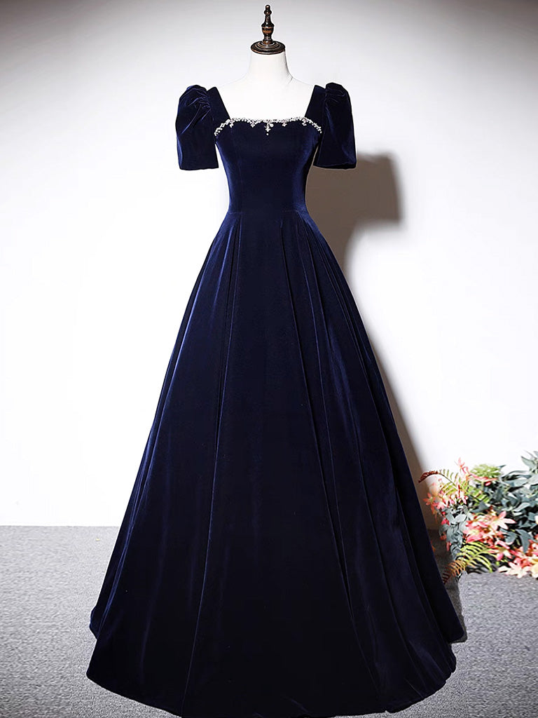 A-Line Dark Blue Velvet Long Prom Dress, Blue Formal Evening Dress