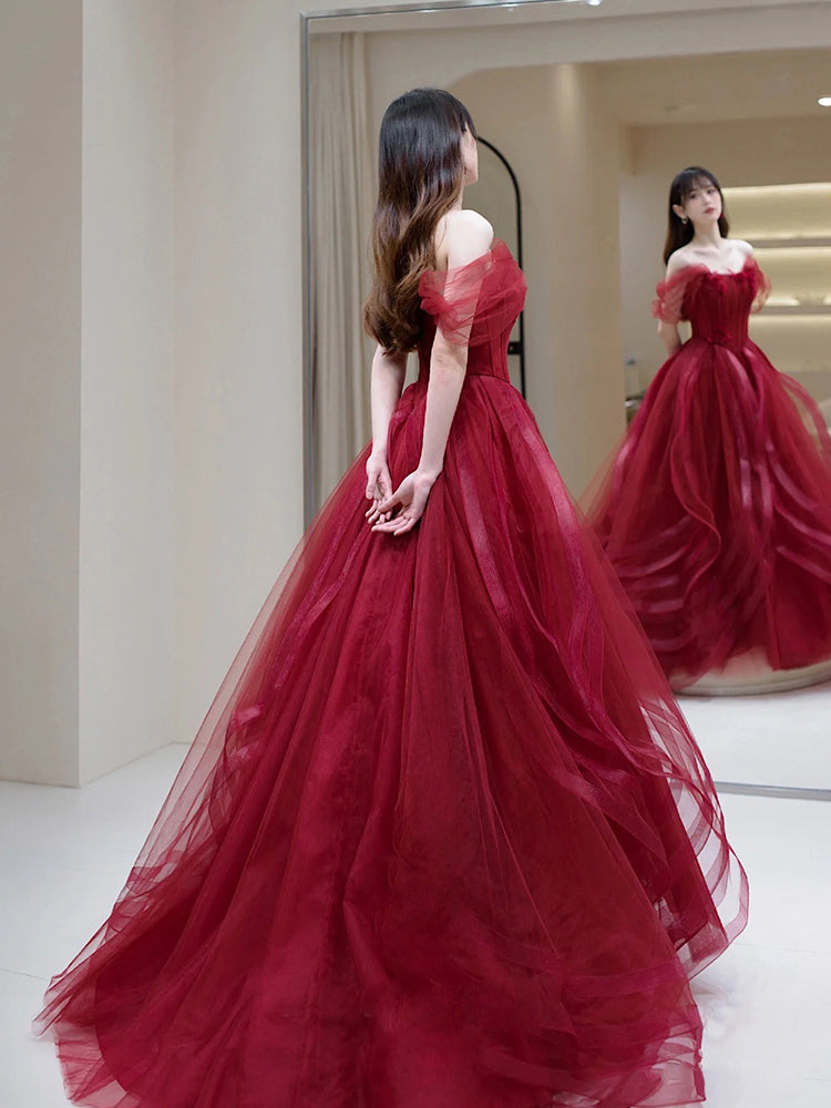 Burgundy A-Line Tulle Long Prom Dress, Burgundy Formal Evening Dress shdress Burgundy A-Line Tulle Long Prom Dress, Burgundy Formal Evening Dress shdress