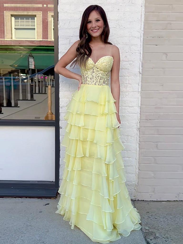 Yellow Sweetheart Neck Chiffon Lace Long Prom Dress, Yellow Formal Dress