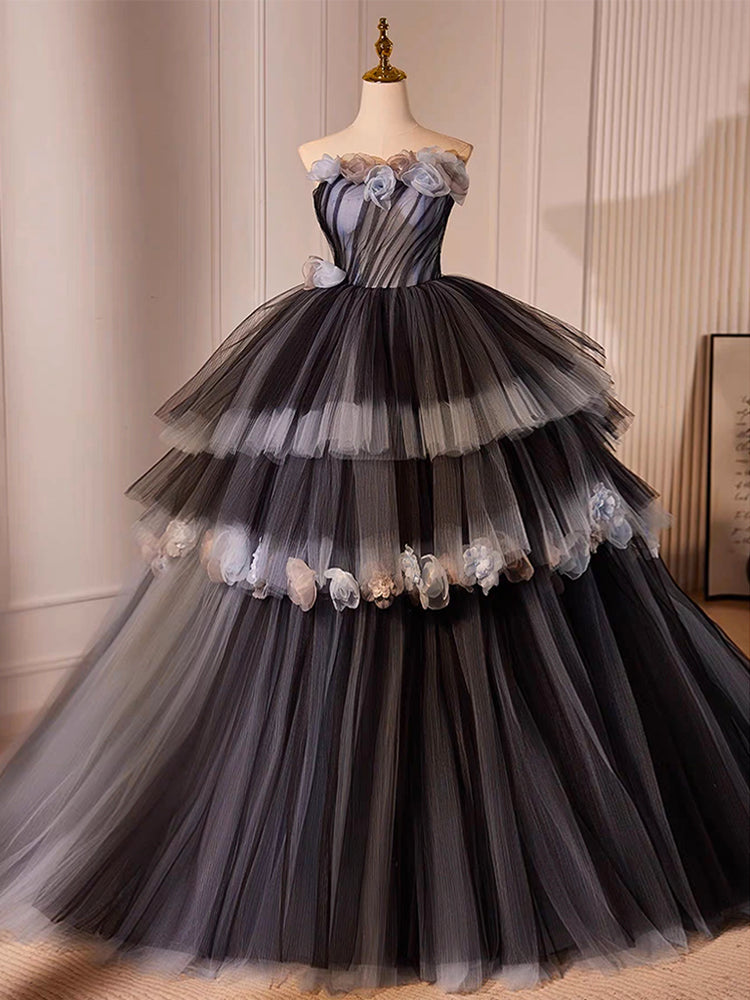 
                  
                    Black Tulle Flower Long Prom Gown, Black Sweet 16 Dress
                  
                