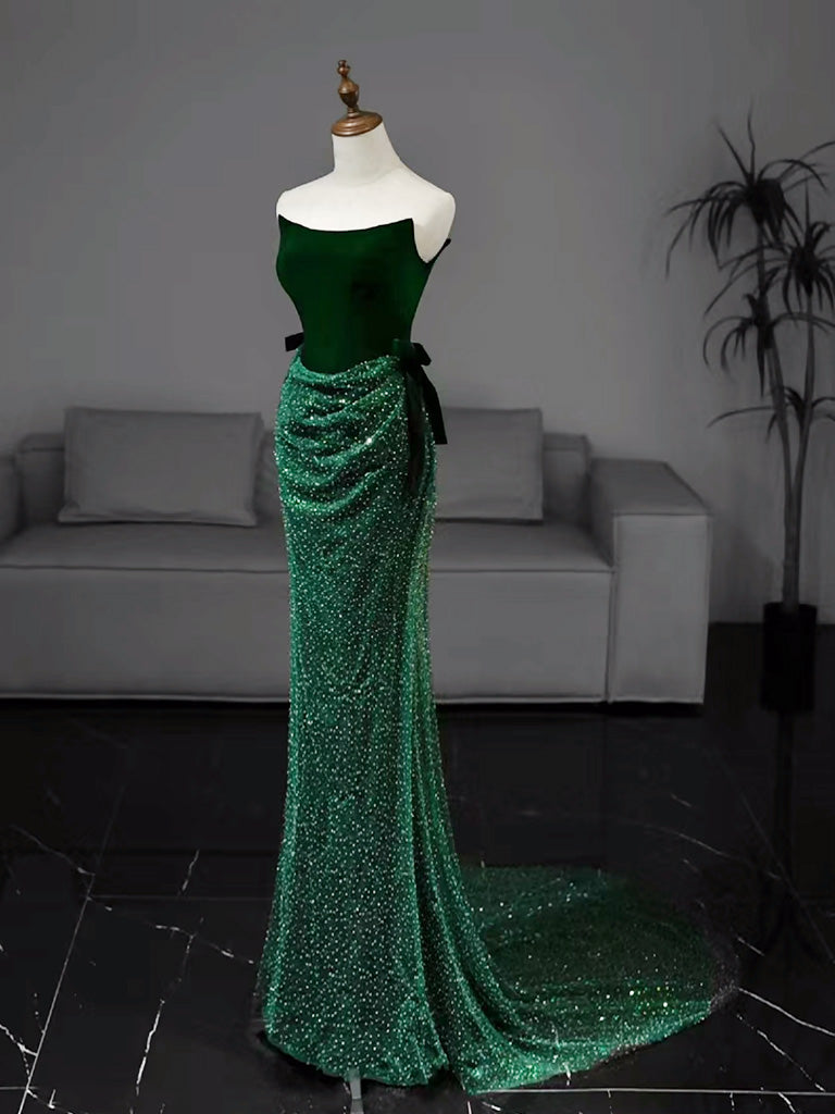 Green Tulle Velvet Long Prom Dress, Green Long Formal Dress