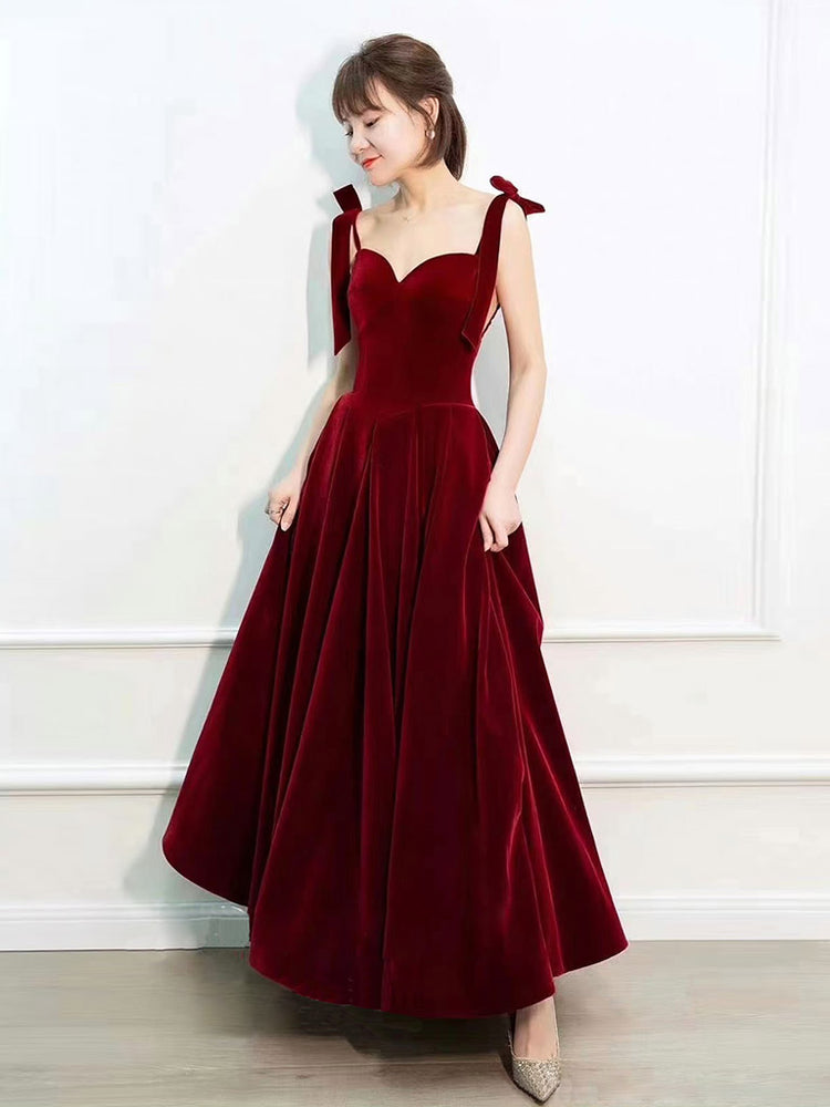 Burgundy A-Line Velvet Long Prom Dress, Burgundy Formal Dress
