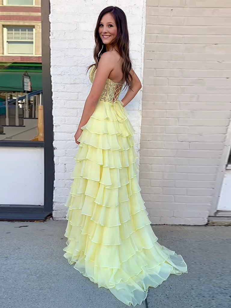 Yellow Sweetheart Neck Chiffon Lace Long Prom Dress, Yellow Formal Dress