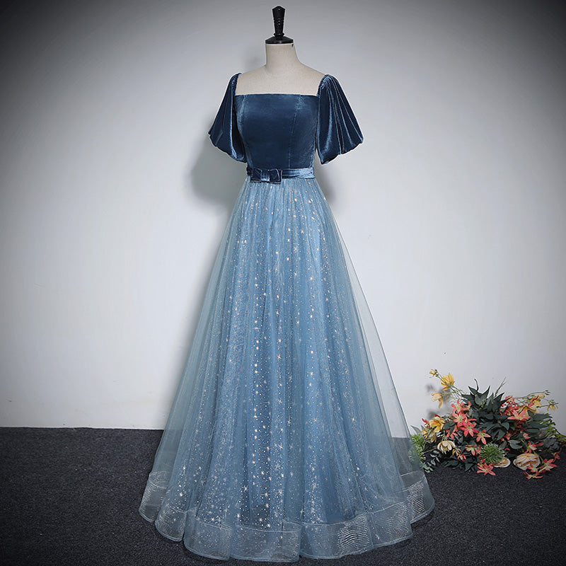 A-Line Blue Tulle Velvet Long Prom Dress, Blue Formal Dress shdress A-Line Blue Tulle Velvet Long Prom Dress, Blue Formal Dress shdress
