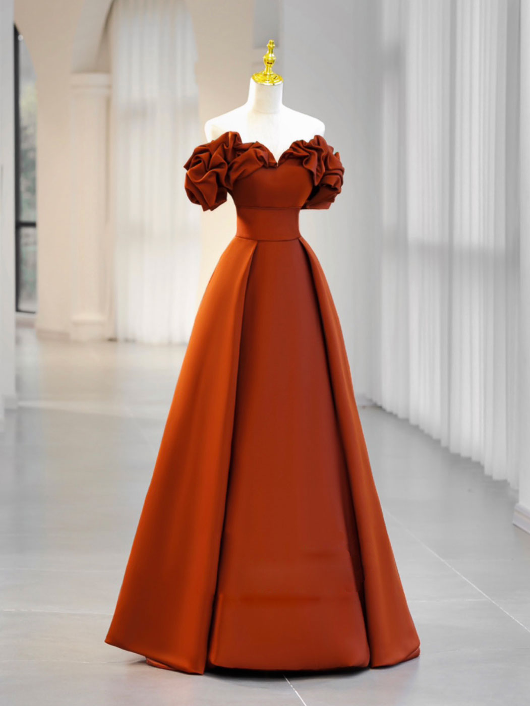 A-Line Off Shoulder Satin Orange Long Prom Dress, Orange Formal Dress