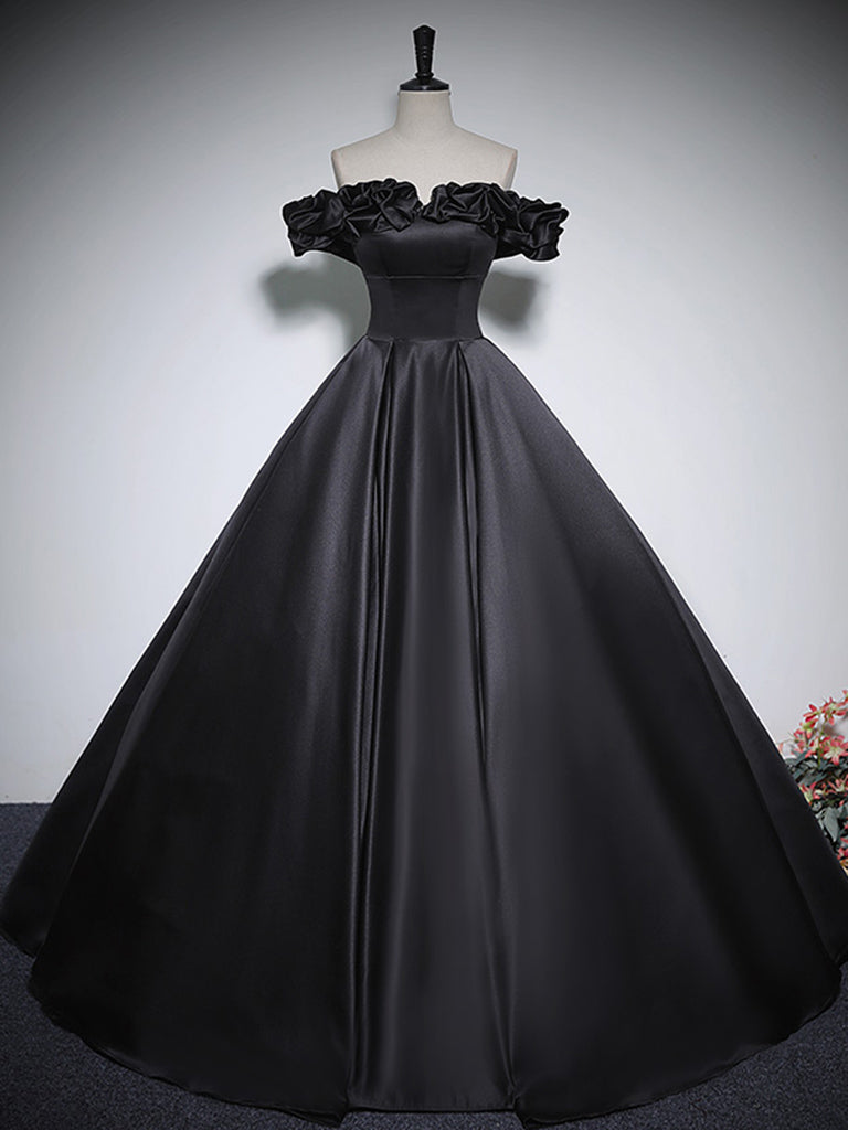 Black Off Shoulder Satin Long Prom Dress, Black Satin Evening Dress Black Off Shoulder Satin Long Prom Dress, Black Satin Evening Dress