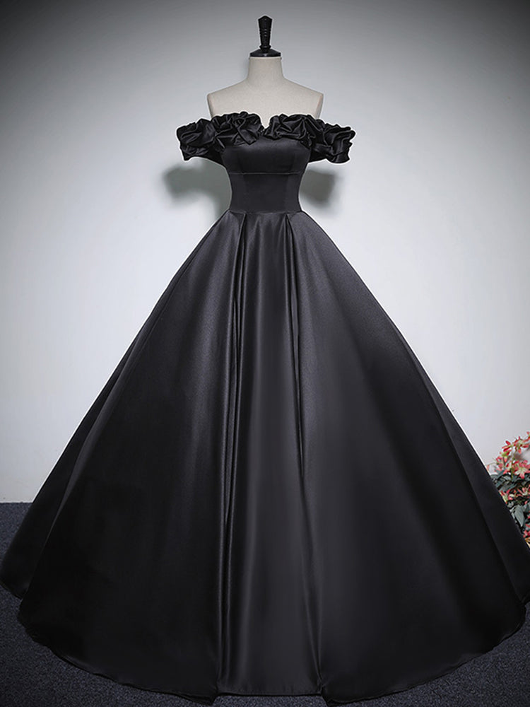 Black Off Shoulder Satin Long Prom Dress, Black Satin Evening Dress shdress Black Off Shoulder Satin Long Prom Dress, Black Satin Evening Dress shdress