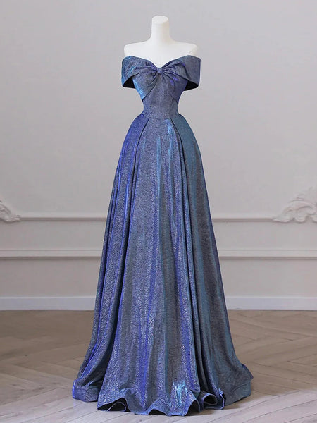 Simple Off Shoulder Satin Ink Blue Long Evening Prom Dress, Ink Blue Long Formal Dress main image 0