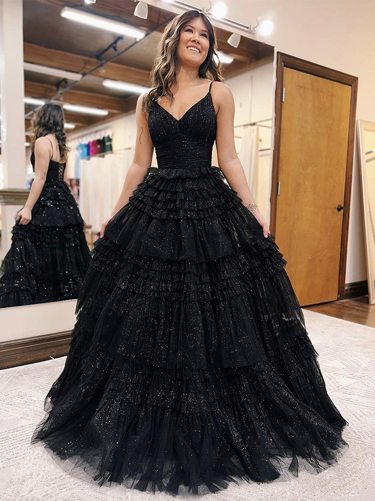 Unique V Neck Tulle Sequin Black Long Prom Dress, Tulle Long Evening D – shdress