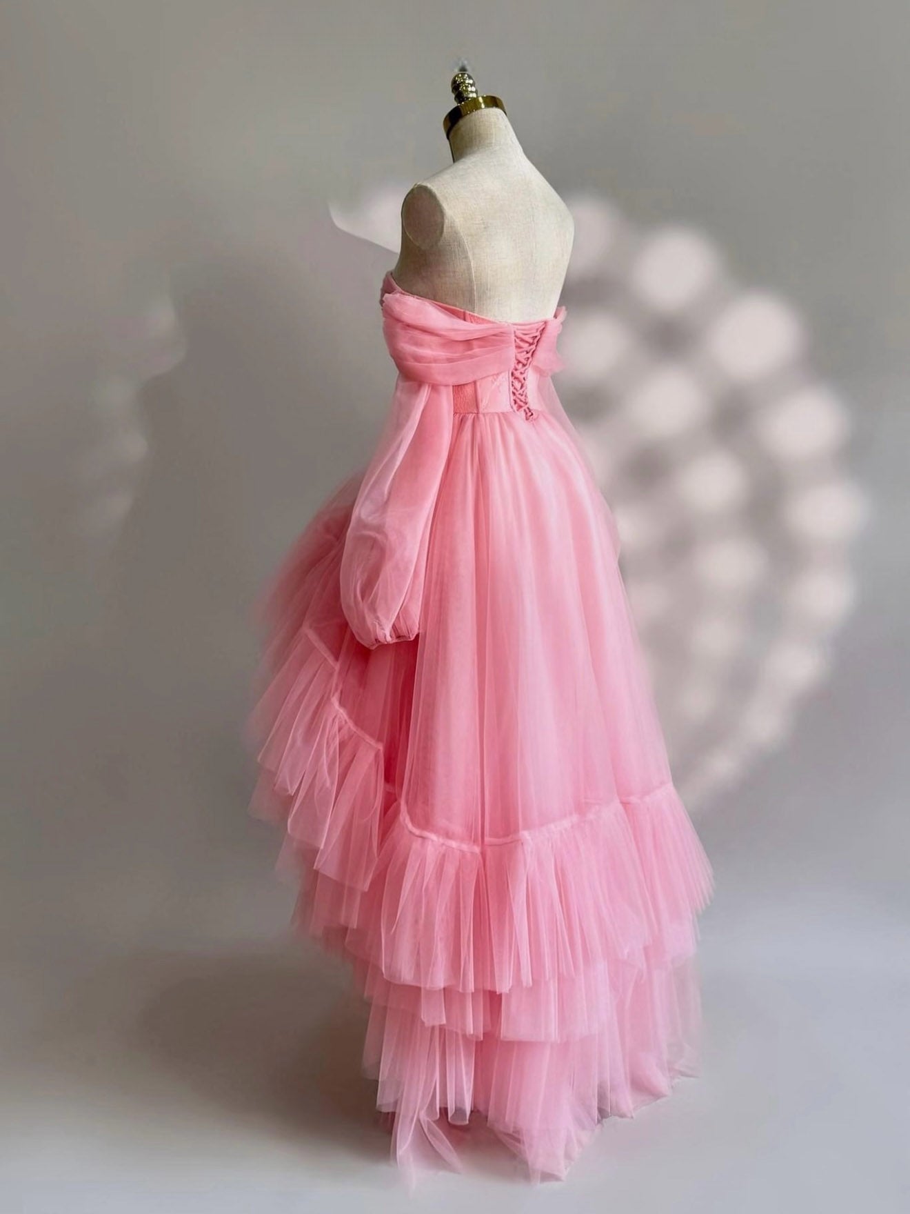 
                  
                    A-Line Long Sleeves High Low Tulle Lace Pink Prom Dress
                  
                