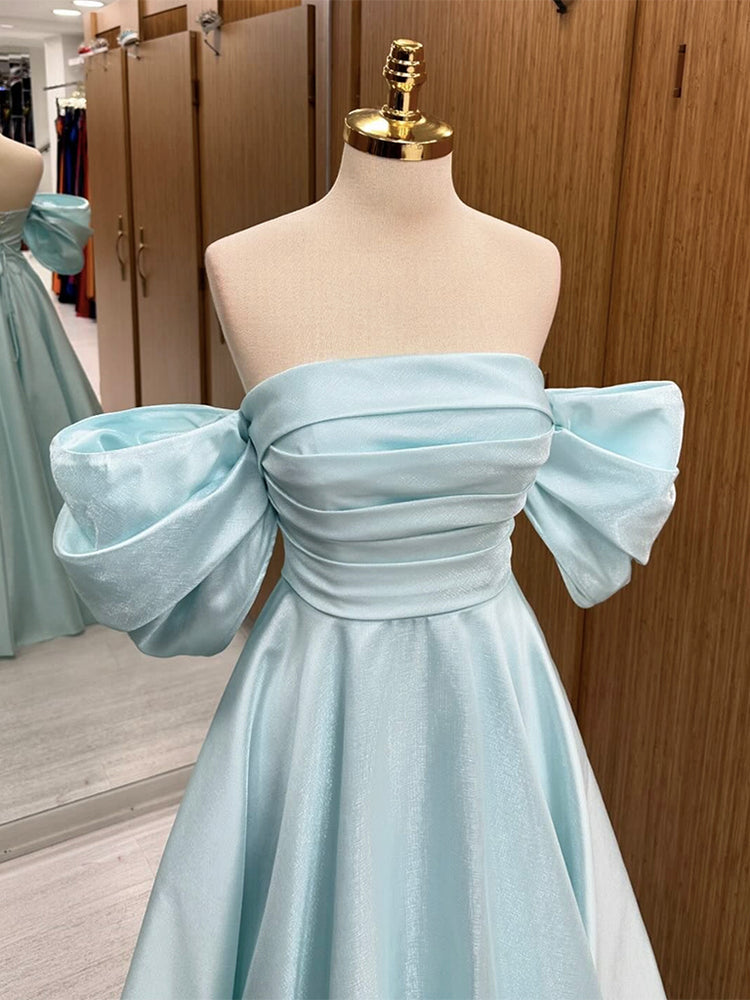 Simple Off Shoulder Satin Ink Blue Long Evening Prom Dress, Ink Blue Long Formal Dress