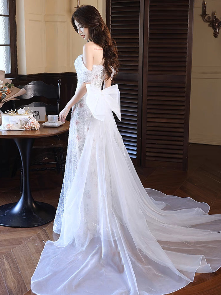 White A-Line Off Shoulder Tulle Long Prom Dress, White Formal Dress