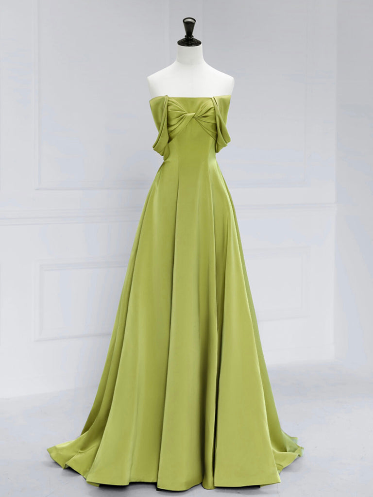 A-Line Off Shoulder Green Satin Long Prom Dress, Green Long Evening Dress