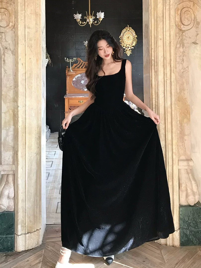 A-Line Velvet Black Long Prom Dress, Black Long Evening Dress