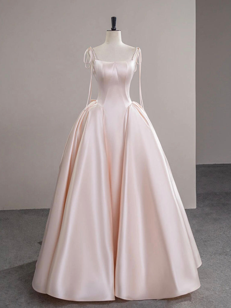 A-Line Satin Pink Champagne Long Prom Dress, Pink Champagne Long Formal Dress