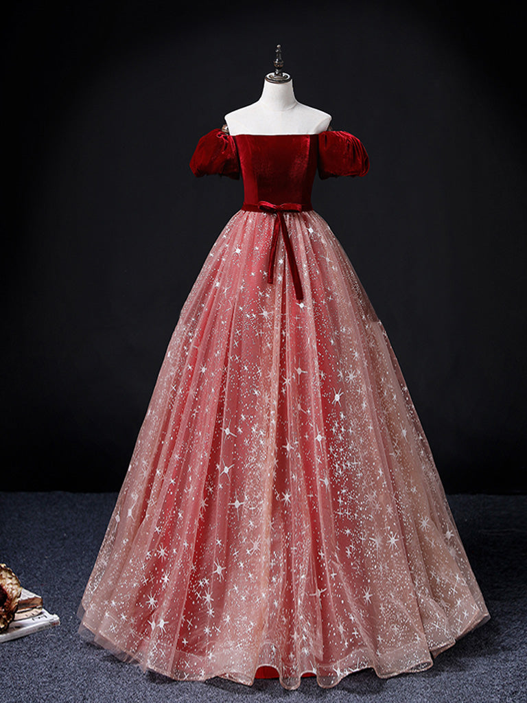 burgundy rose prom dress Burgundy A-line Off-the-Shoulder Tulle Flower Applique Prom Dresses