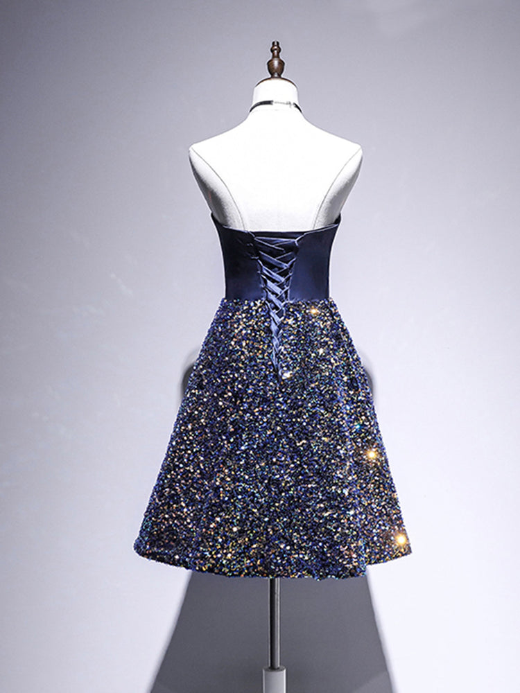 Dark Blue A-Line Sequin Lace Short Prom Dress, Cute Blue Homecoming Dr shdress Dark Blue A-Line Sequin Lace Short Prom Dress, Cute Blue Homecoming Dr shdress