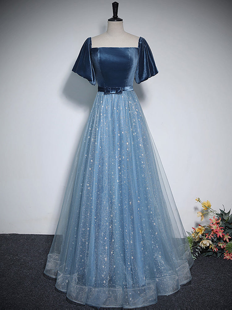 A-Line Blue Tulle Velvet Long Prom Dress, Blue Formal Dress