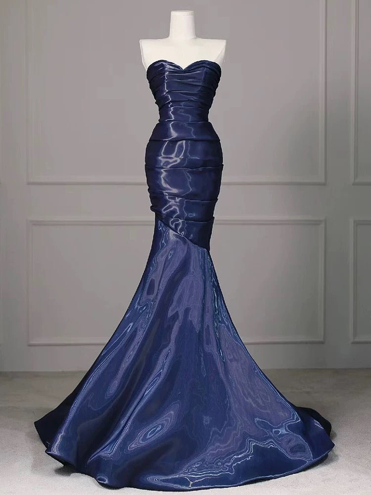 Mermaid Sweetheart Neck Water Satin Dark Blue Long Prom Dress, Dark Blue Formal Dress