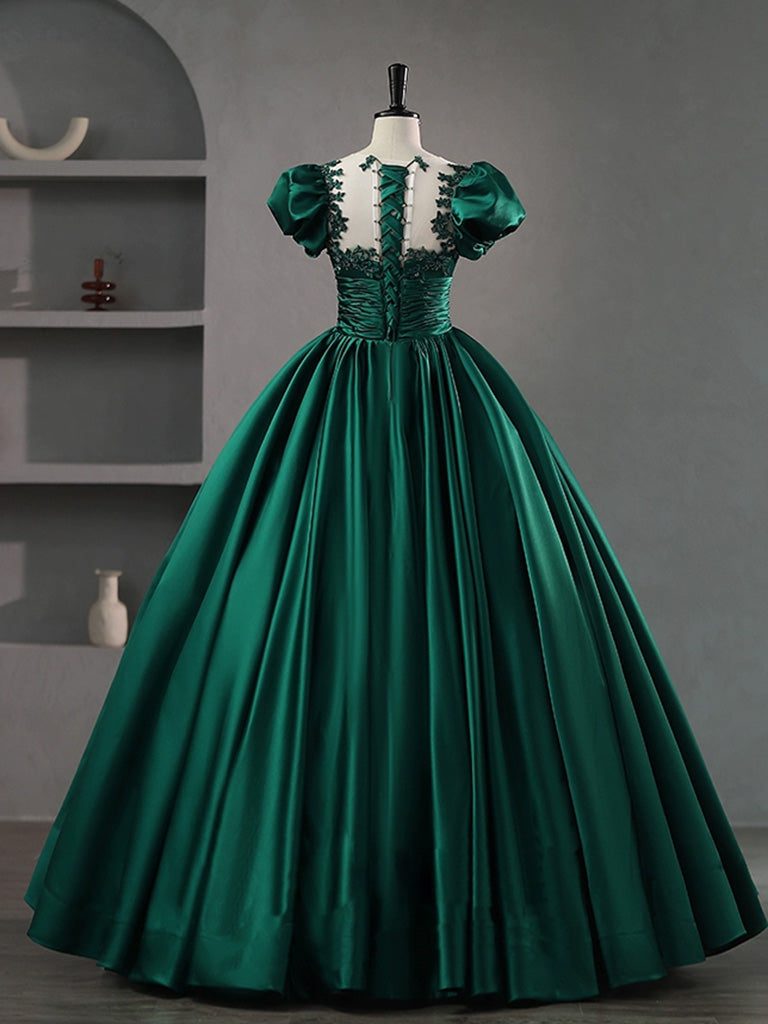 Green Round Neck Satin Lace Long Prom Dress, Green Lace Formal Dress