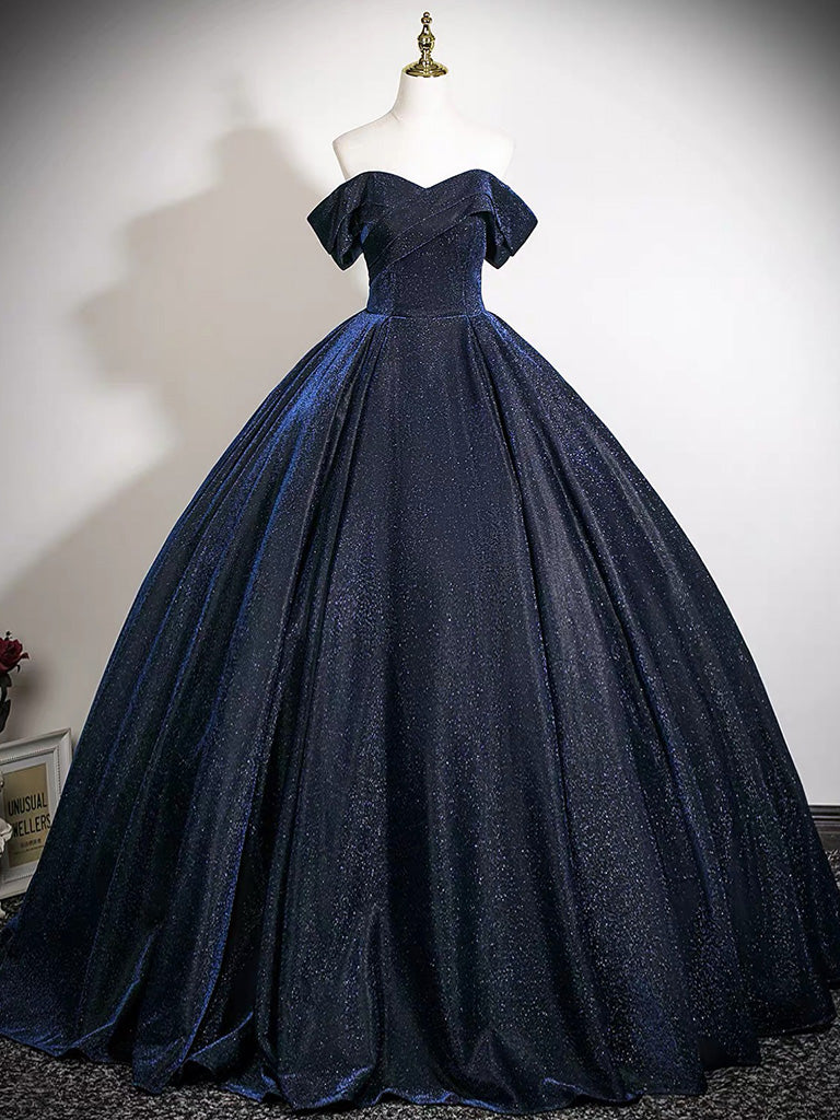 A-Line Off Shoulder Satin Dark Blue Long Prom Dress, Dark Blue Long Formal Dress