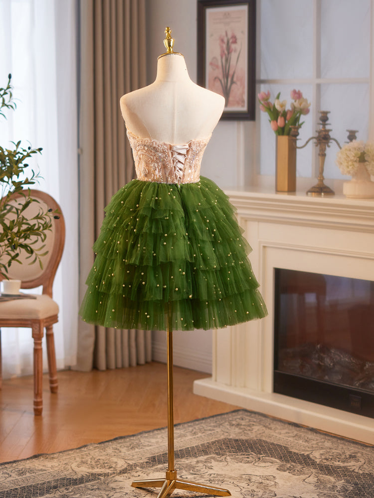 
                  
                    Champagne/Green Tulle Lace Short Prom Dress, Cute Homecoming Dress
                  
                