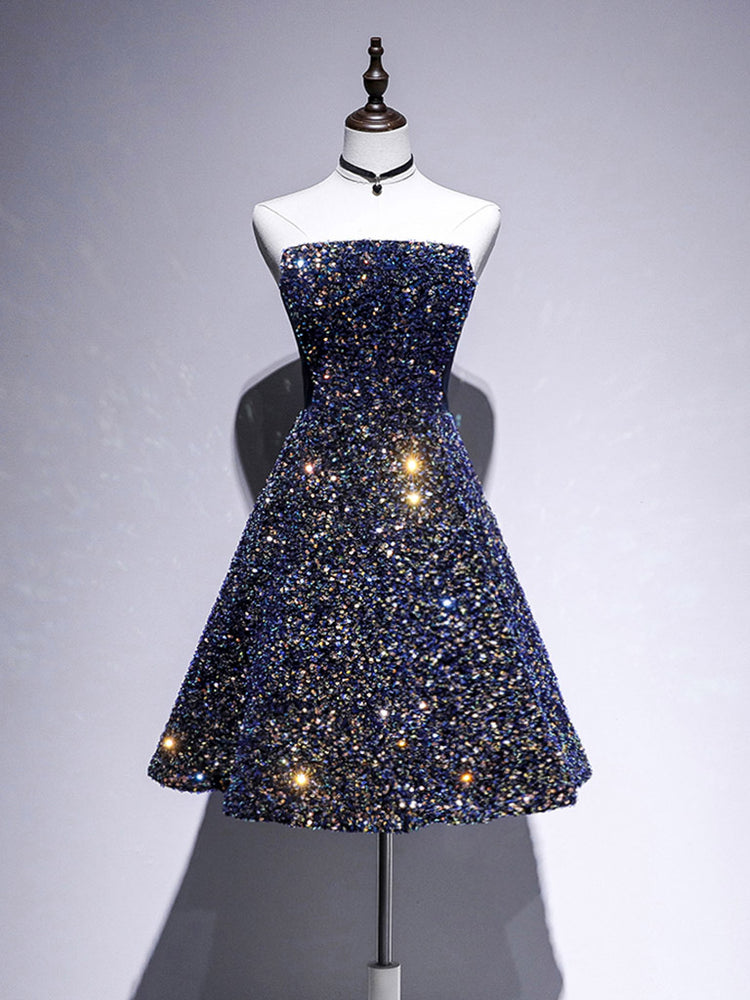 Dark Blue A-Line Sequin Lace Short Prom Dress, Cute Blue Homecoming Dr shdress Dark Blue A-Line Sequin Lace Short Prom Dress, Cute Blue Homecoming Dr shdress