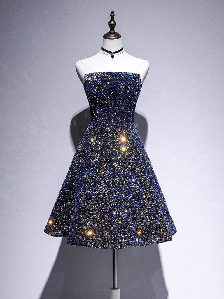 Dark Blue A-Line Sequin Lace Short Prom Dress, Cute Blue Homecoming Dress