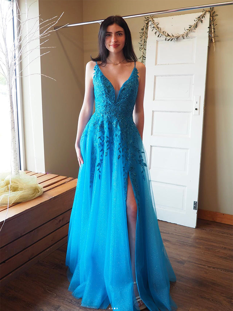 A-Line Tulle Dark Blue Long Prom Dress, Dark Blue Formal Dress – shdress