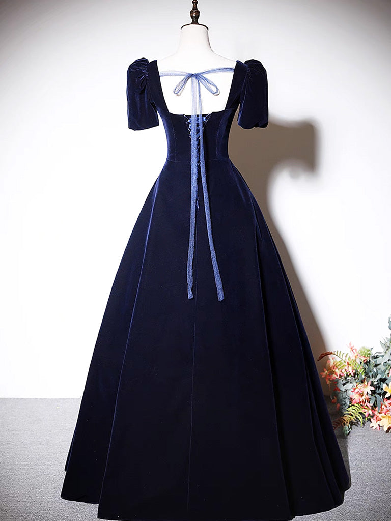 A-Line Dark Blue Velvet Long Prom Dress, Blue Formal Evening Dress shdress A-Line Dark Blue Velvet Long Prom Dress, Blue Formal Evening Dress shdress