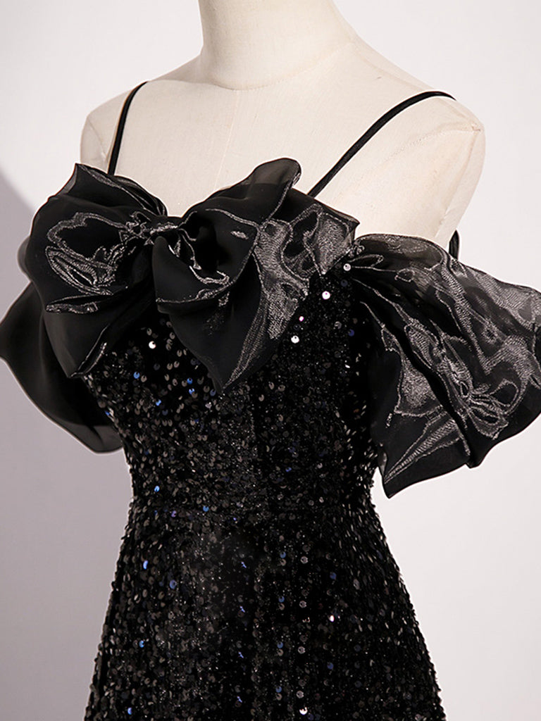 A-line Off Shoulder Velvet Sequin Long Prom Dress, Black Long Formal Dress