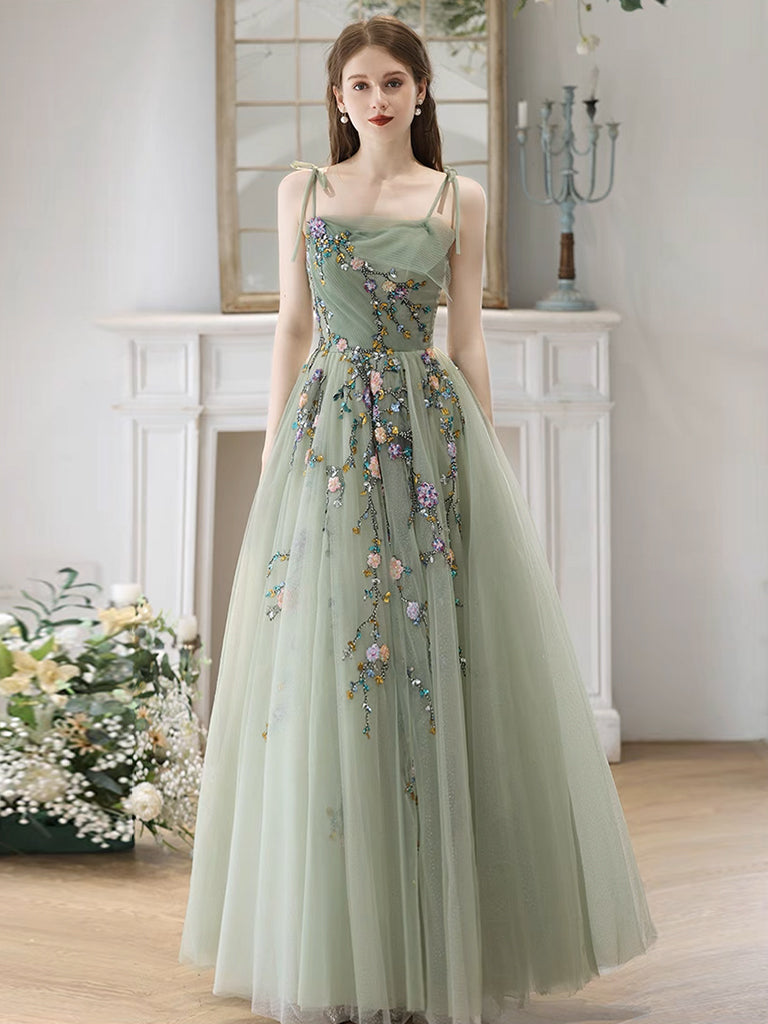 A-Line Tulle Lace Green Long Prom Dress, Green Long Formal Dress