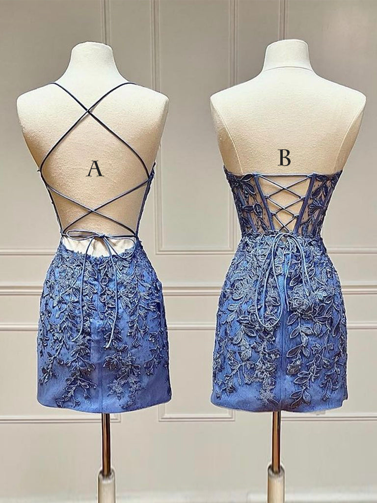 Blue Lace Short Prom Dress, Blue Homecoming DressBlue Lace Short Prom Dress, Blue Homecoming Dress