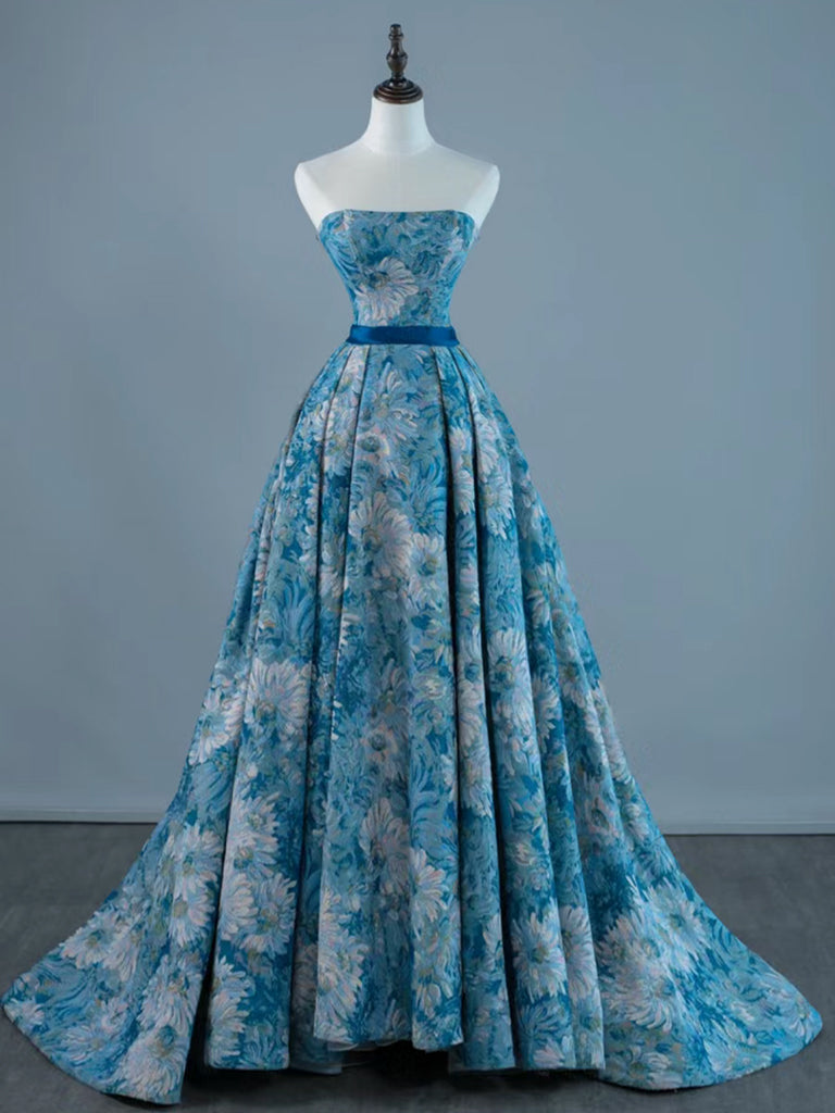A-Line Satin Blue Long Prom Dress, Blue Long Formal Dress