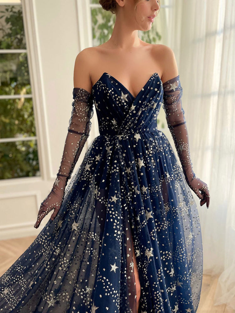 A-Line Tulle Dark Blue Long Prom Dress, Dark Blue Formal Dress – shdress