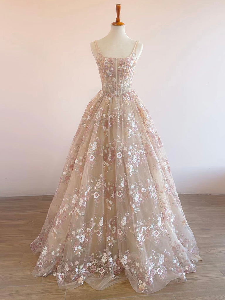A Line Floral Pink Long Prom Dress