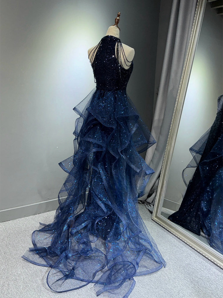 
                  
                    A-Line Tulle Sequin Dark Blue Long Prom Dress, Dark Blue Long Formal Dress
                  
                