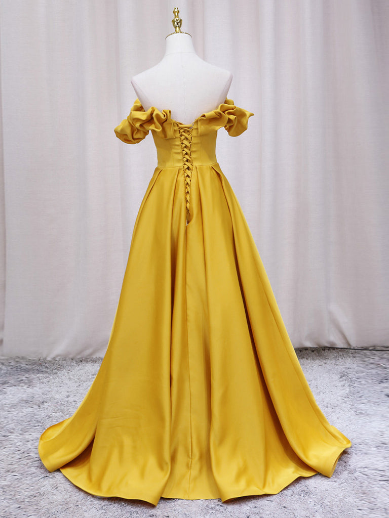 
                  
                    Yellow A-line Satin Long Prom Dress, Yellow Formal Dress
                  
                
