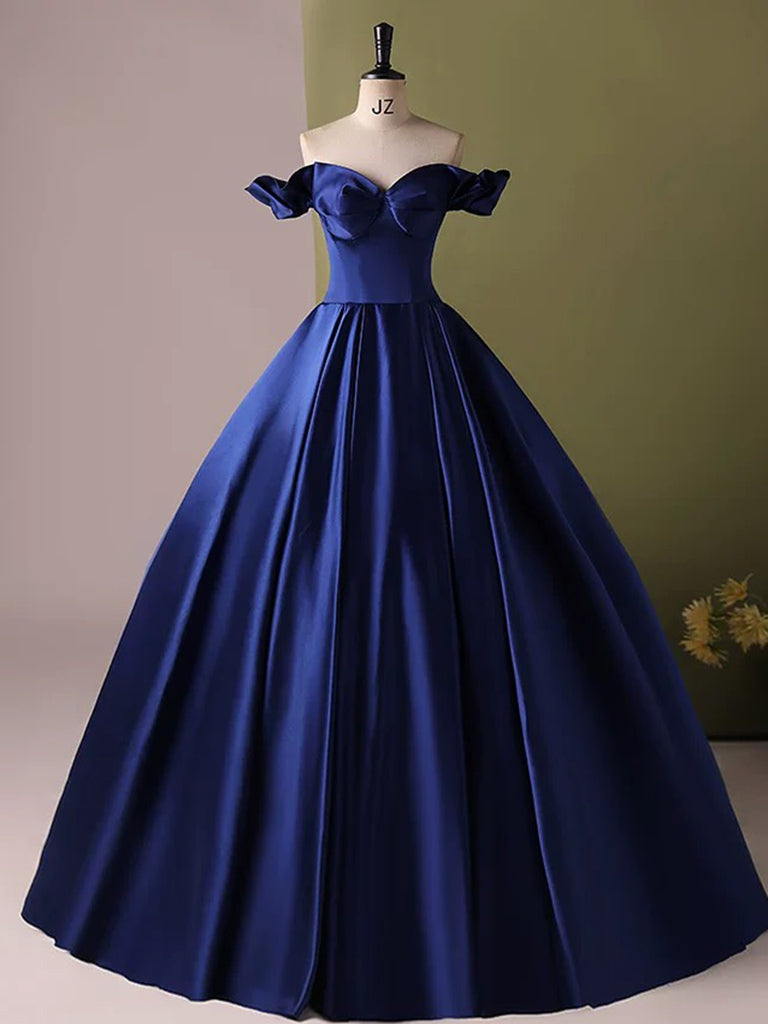 A-Line Off Shoulder Satin Blue Long Prom Dress, Blue Long Formal Dress